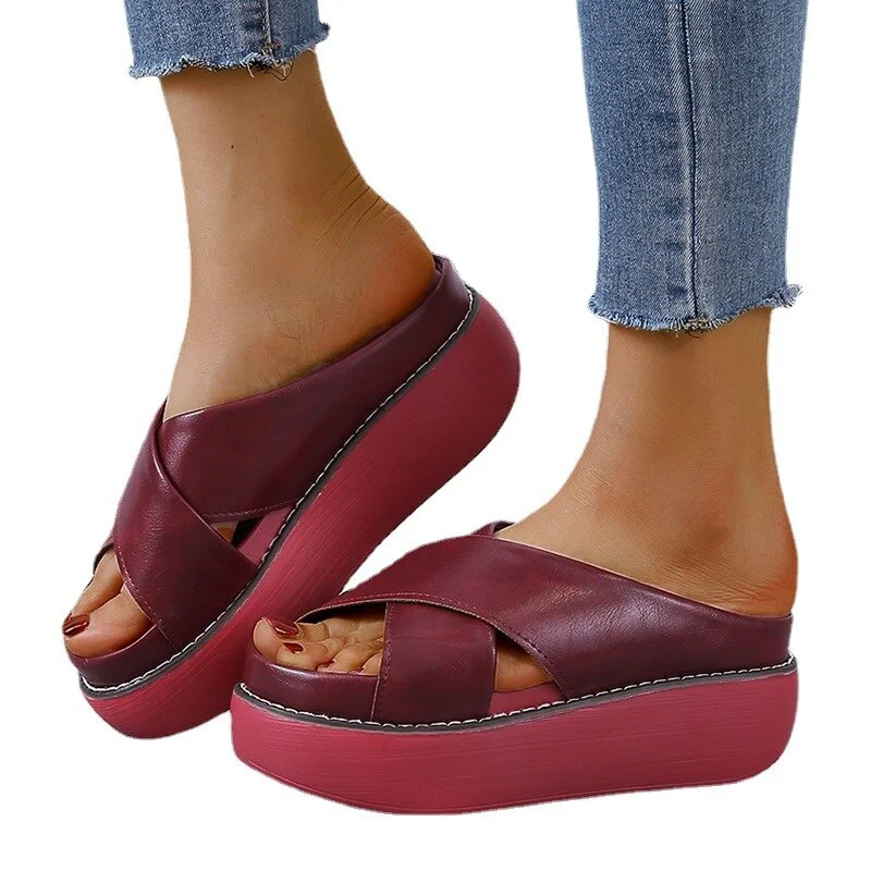 Qengg New Women's Casual Slippers Fashion Vintage Fish Mouth Wedge Sandals Platform All-match Outdoor Roman Shoes Zapatilla Mujer