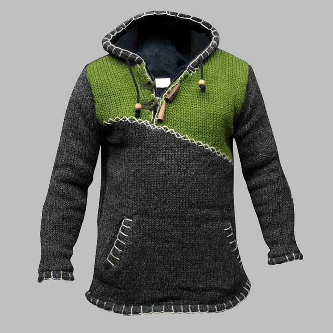 Streetwear Men Long Sleeve Stitching Hoodie Autumn Winter Color Block Hooded Jumpers Knit Sweatshirts Knit Hoodies