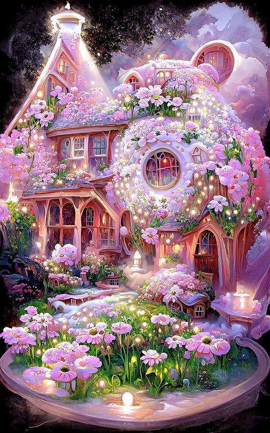 Pink House Flower 50*80cm(canvas) full round drill diamond painting gbfke