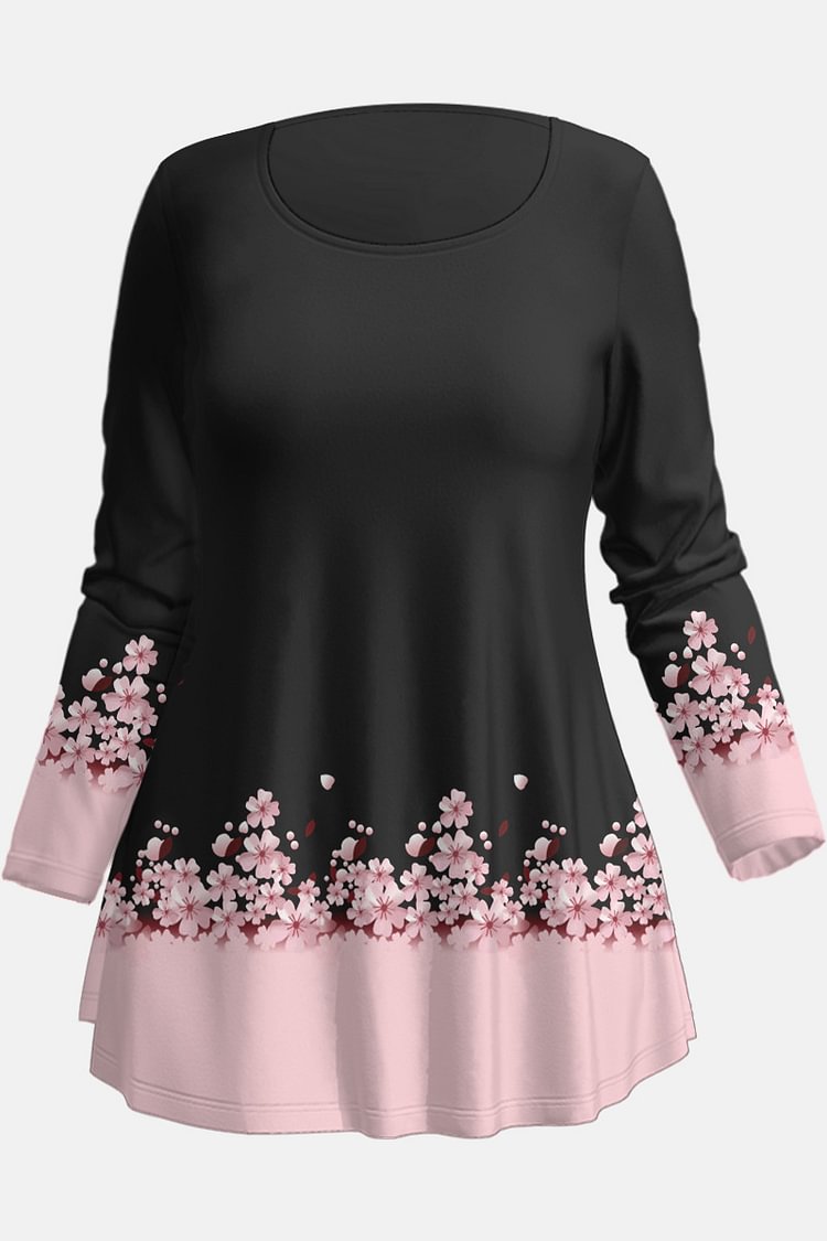 Flycurvy Plus Size Casual Black Ombre Sakura Print T-Shirt  flycurvy [product_label]