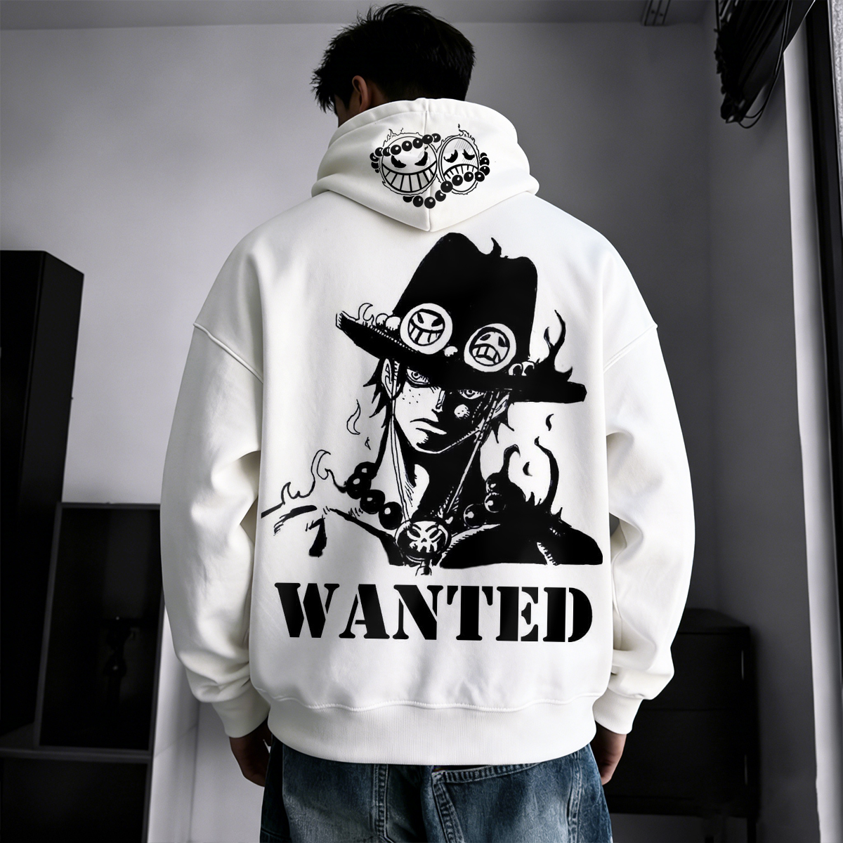 Wanted Pirate Graphic Hoodie with Bold Black Art Design