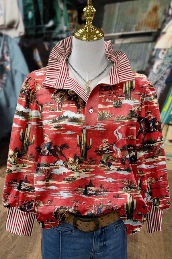 Western Cowboy Print Striped Top