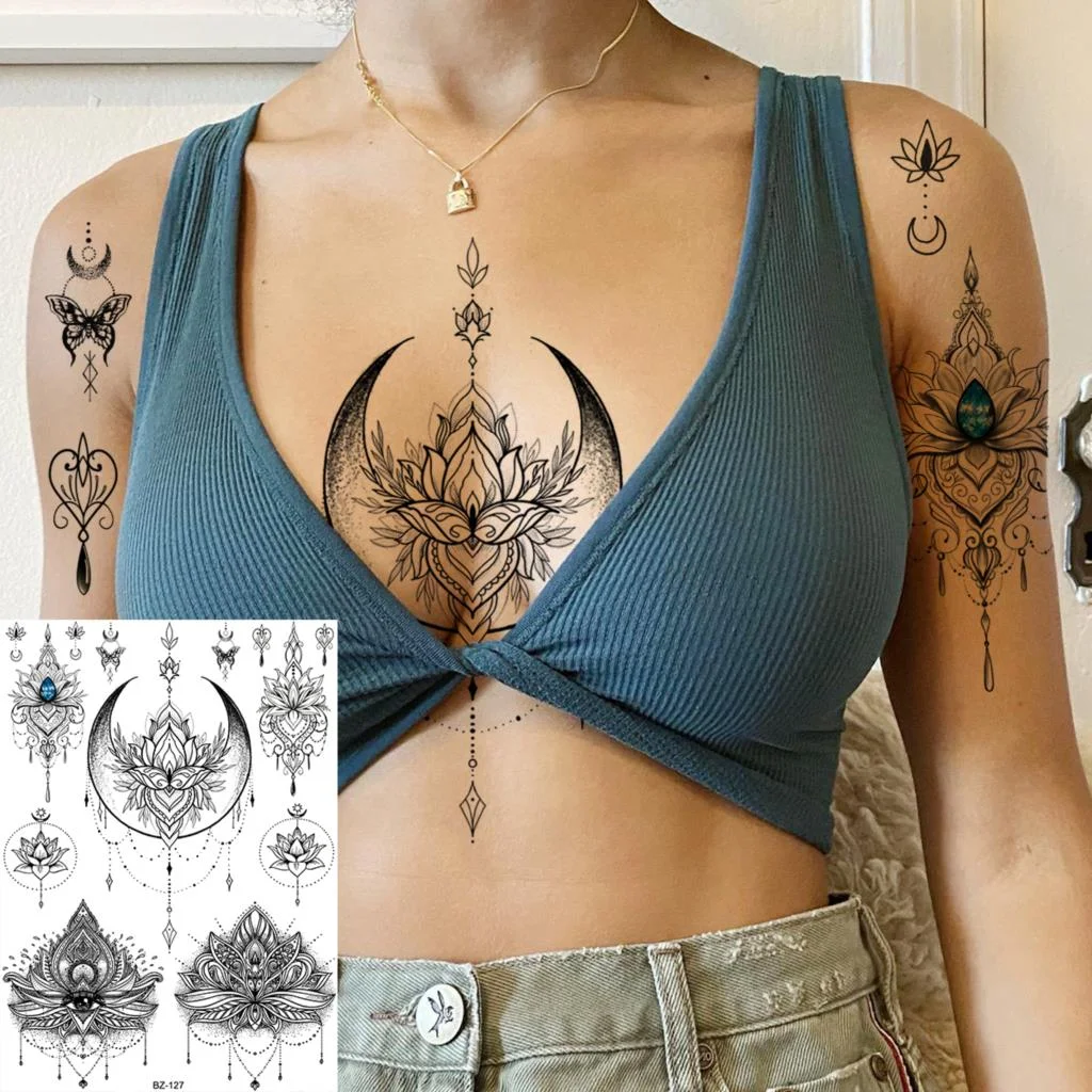 Sdrawing Large Rose FLower Temporary Tattoos For Women Adults Henna Skull Compass Snake Flower Fake Tattoo Sticker Leg Tatoos Thigh