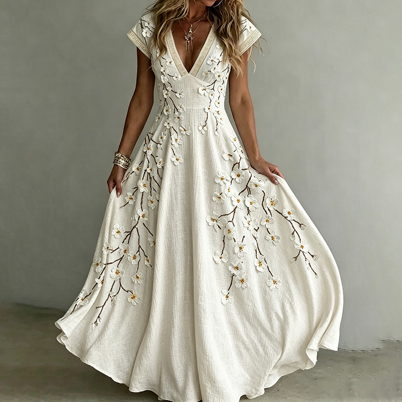 Women's Vintage Floral Art Flowy Linen Blend Maxi Dress elevenforest