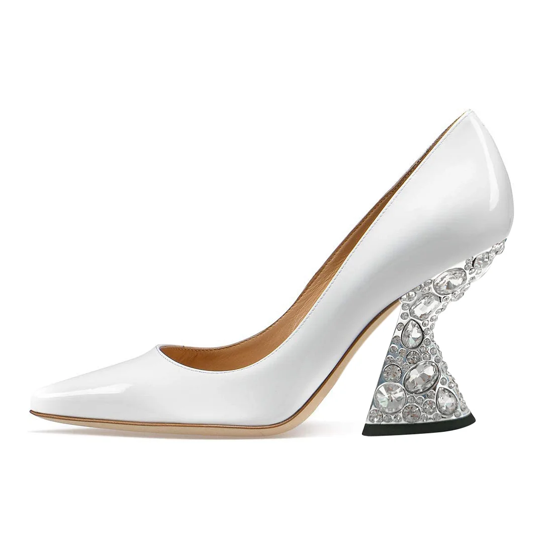 White Patent Leather Pointed Rhinestone Embellished Bridal Pumps 