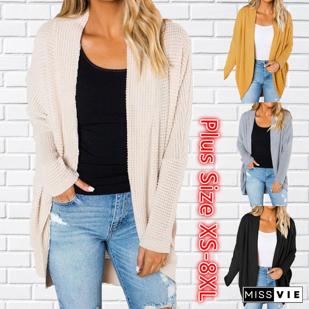 Women Loose Casual Long Sleeve Pure Color Plus Size V Neck Coat Autumn Cardigan Sweater Coat Plus Size XS-8XL