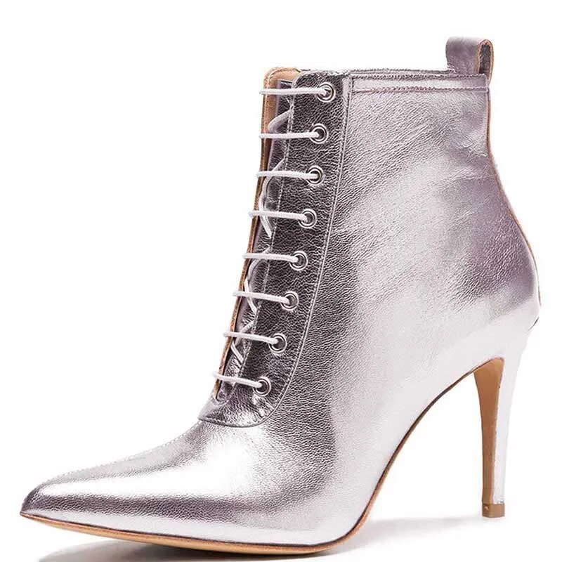 TAAFO Cross-tied Woman Short Ankle Boots Silver Vegan High Thin Heels Pointy Toe 
