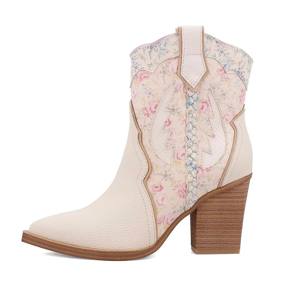 Ivory Snip Toe Braid Western Boots for Women with Floral Print