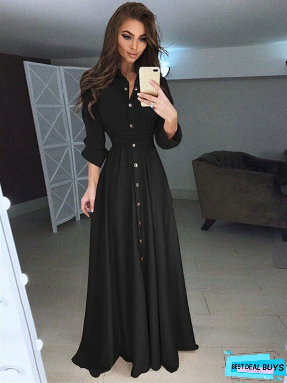 Long Sleeve Button Lace Solid Color Dress