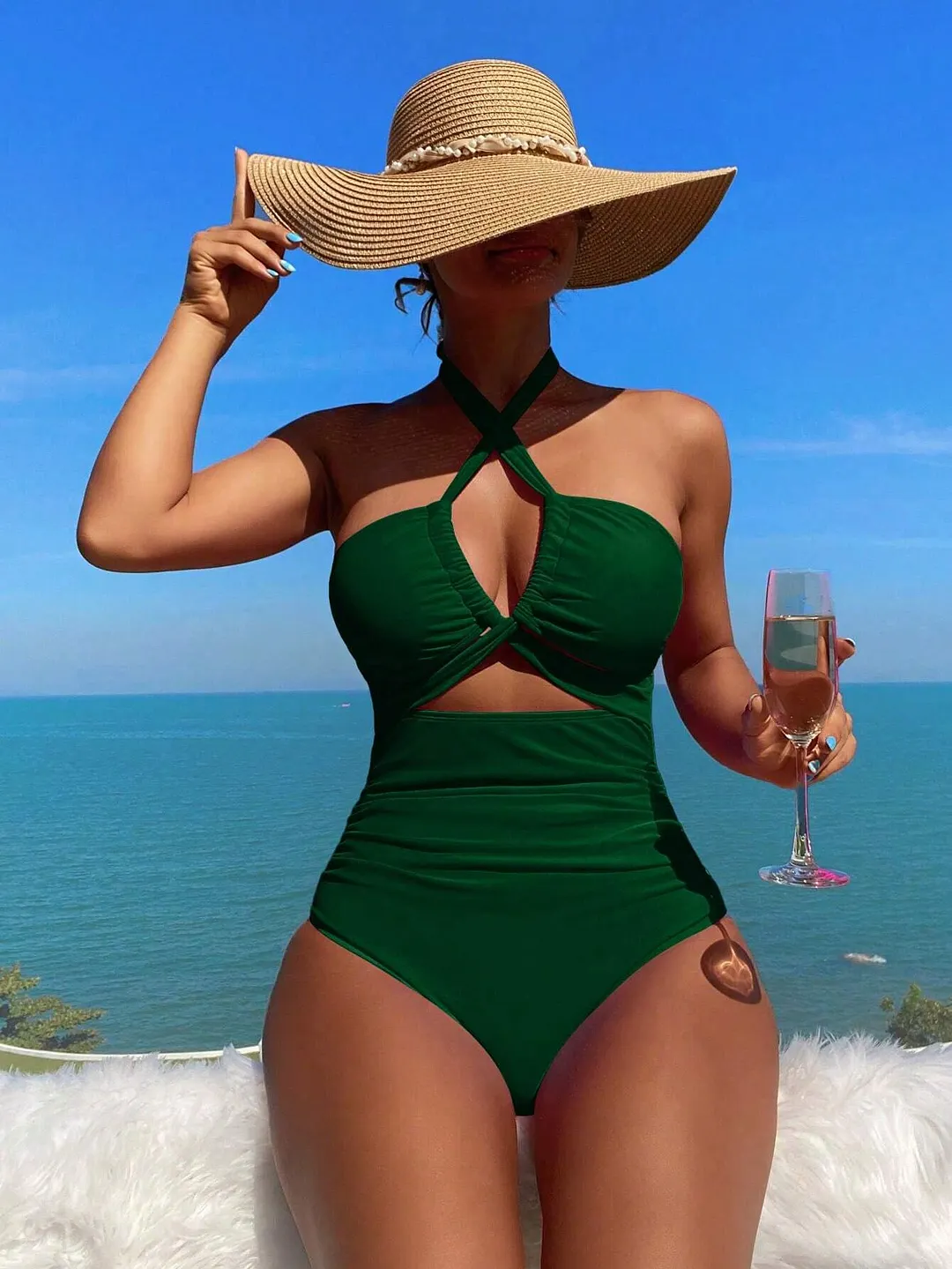 Churchf 2025 New Bikini Solid Color Sexy High-Waisted Bikini Swimsuit Women