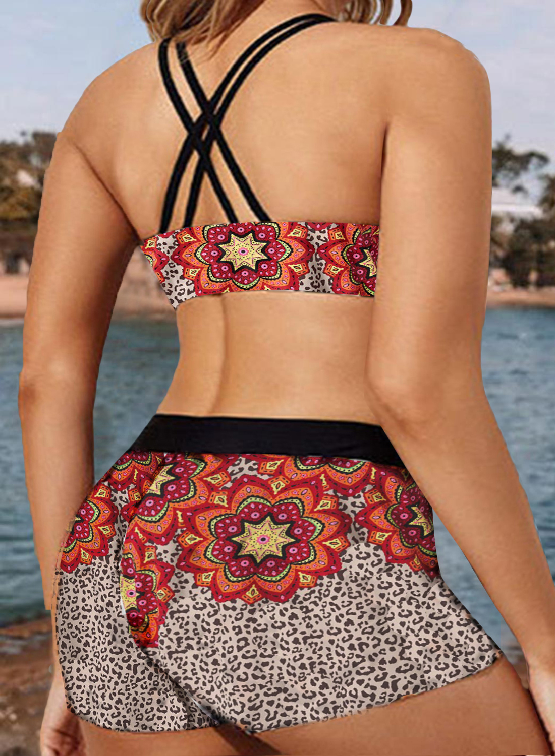 Women S Plus Size Tribal Leopard Mandala Bikini And Short With Tankini Top Padded Three Piece