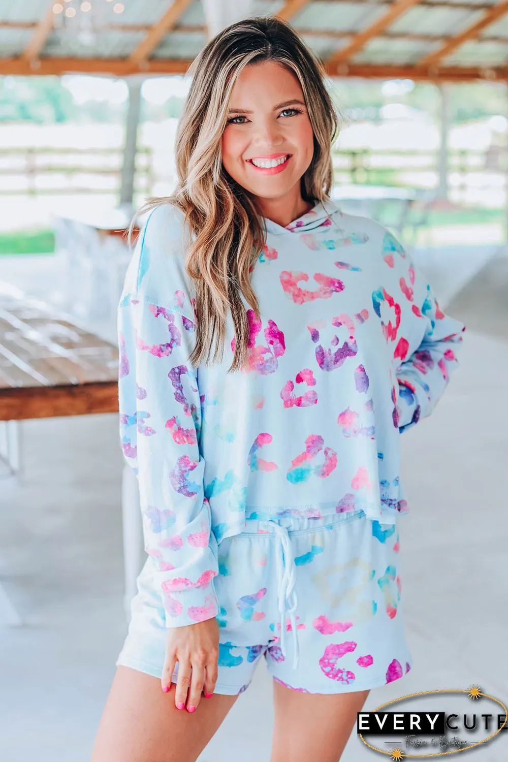 Sky Blue Leopard Print Hoodie and Shorts Set