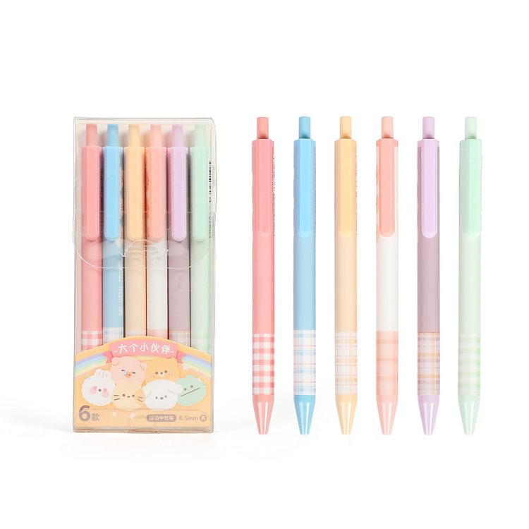 JOURNALSAY 6 Pcs/Set Macaron Color Press Gel Pen 0.5mm Black Ink Cute Retractable Student Writing