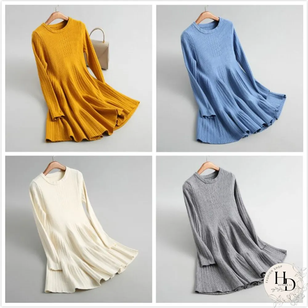 Spring Autumn Sexy Mini Dress Women O-Neck Long Sleeve Elastic Waist Korean A-Line Knitted