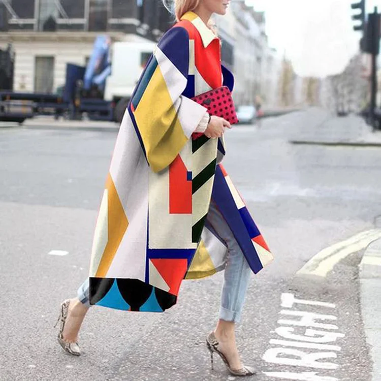 Fashion geometric print color loose long coat