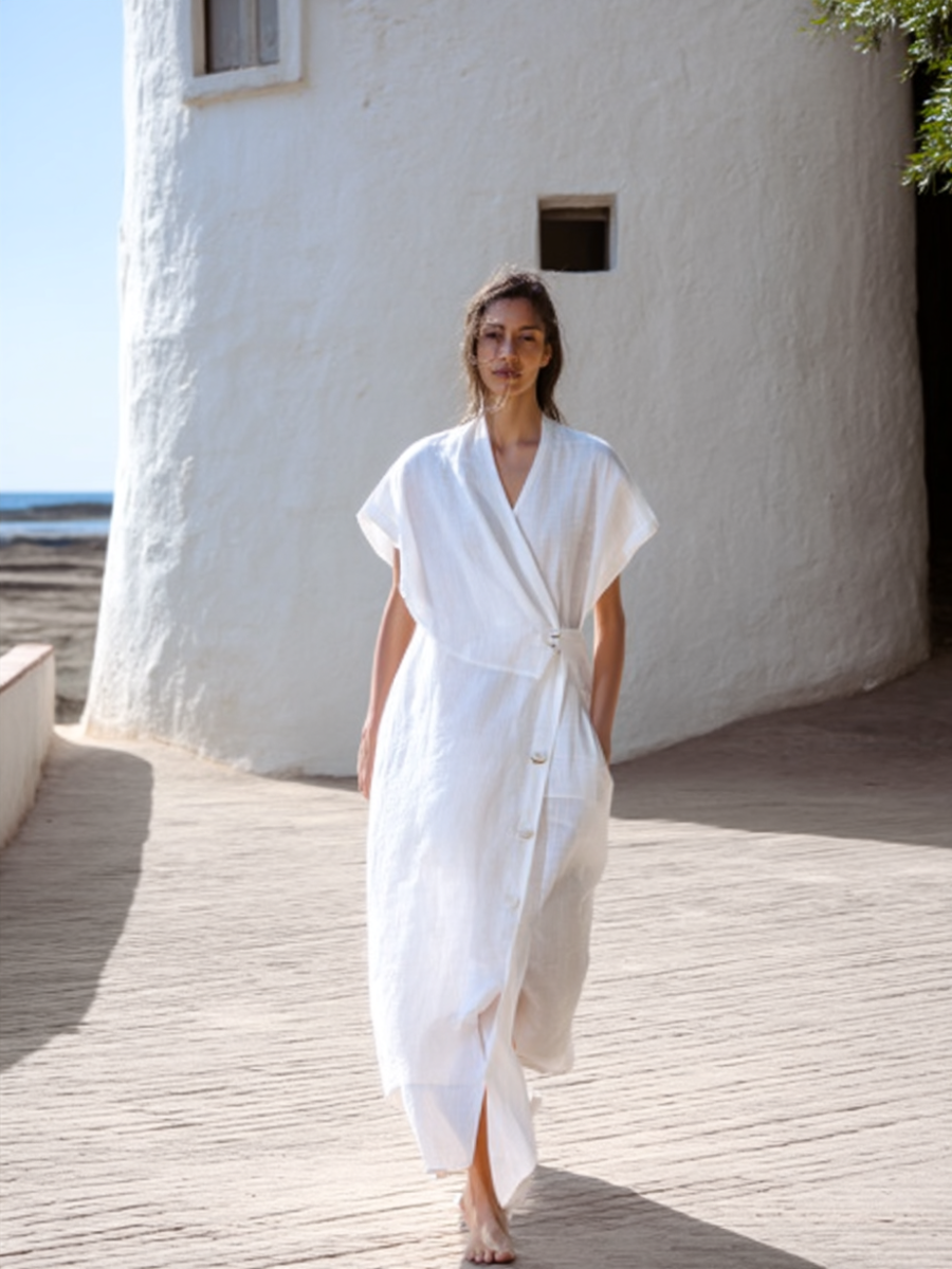 CCotton and Linen Solid Color Slant-Breasted Dress