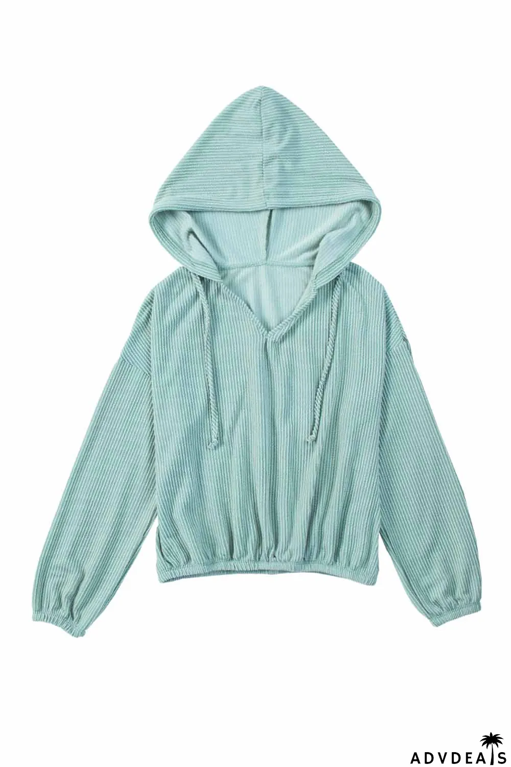 Green Loose Fit Ribbed V Neck Hoodie