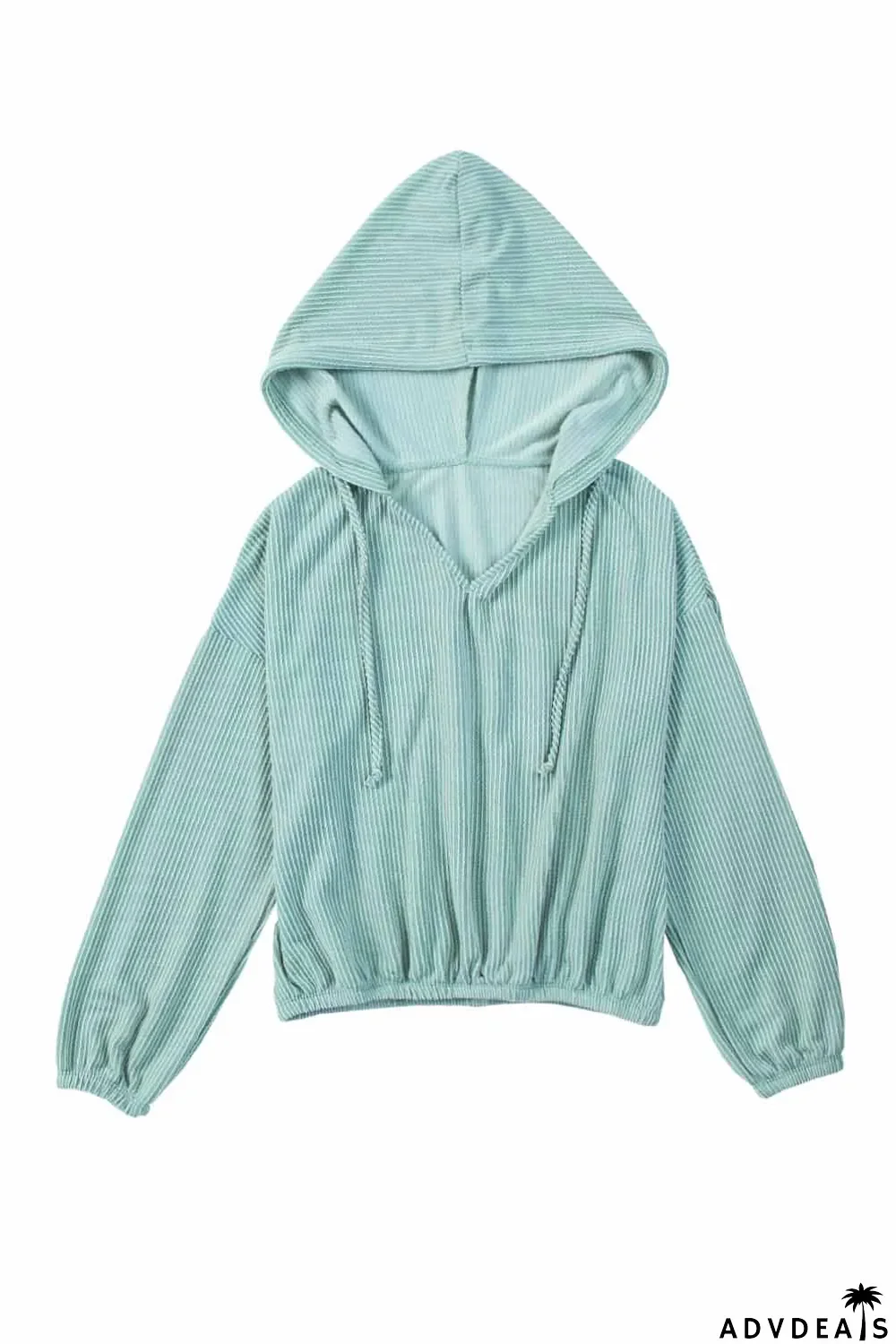 Green Loose Fit Ribbed V Neck Hoodie