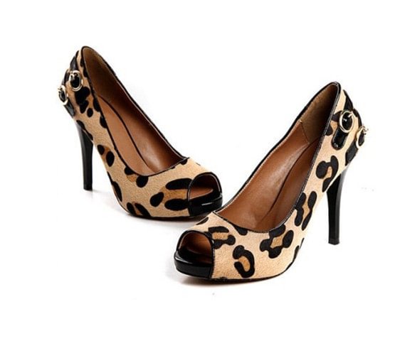 Leopard Print Heels Suede Peep Toe Pumps Stiletto Heels with Platform |FSJ Shoes