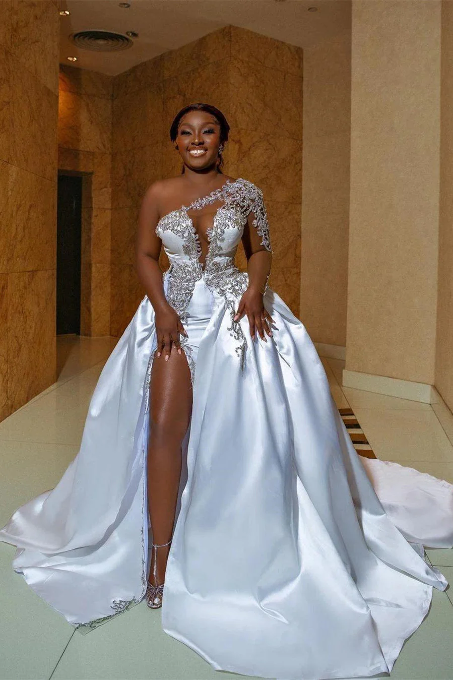 Oknass One Shoulder Sleeveless Long Split Prom Dress With Appliques