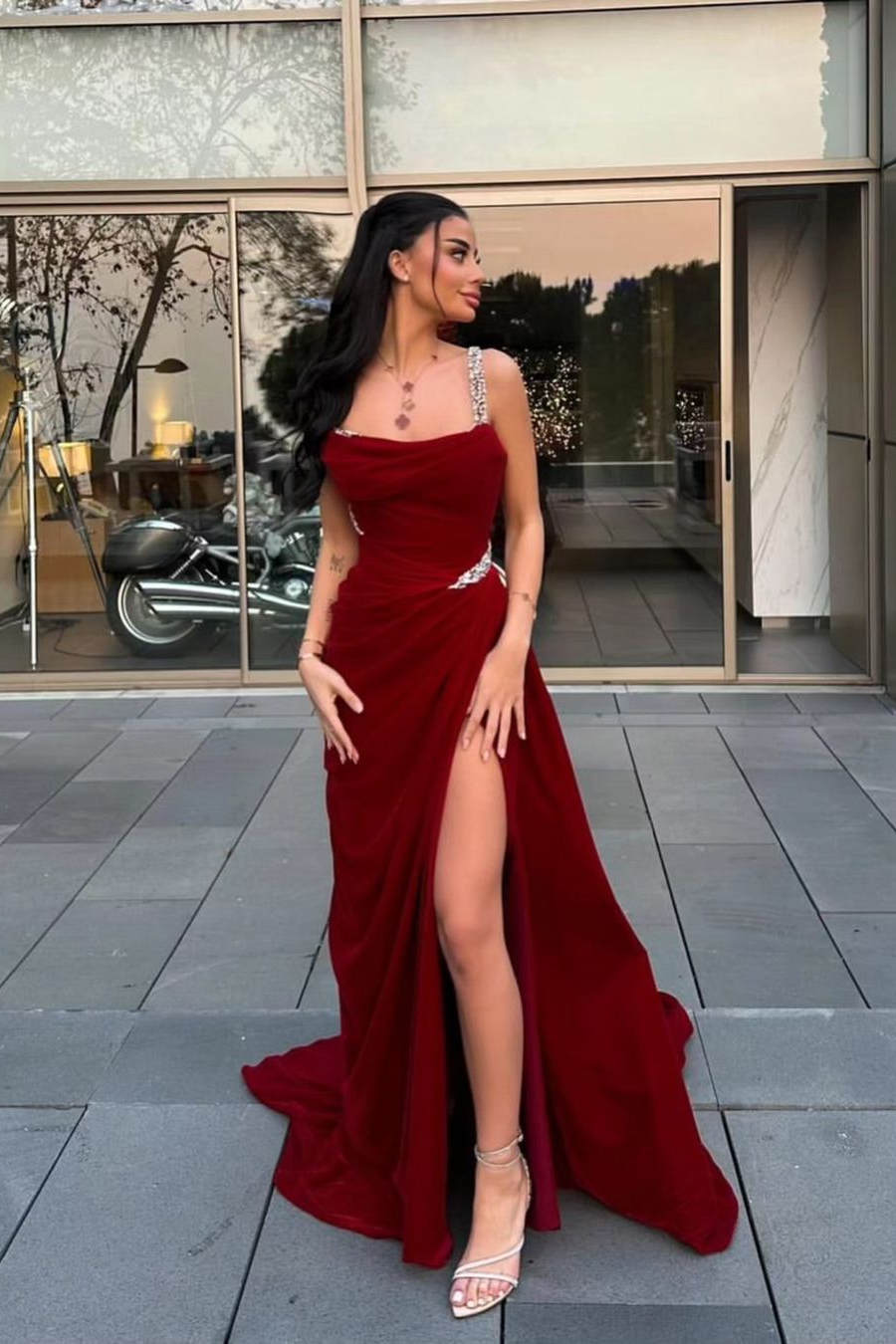 Lvs&Broner Spaghetti Strap Sleeveless Long Prom Dress With Split Beading
