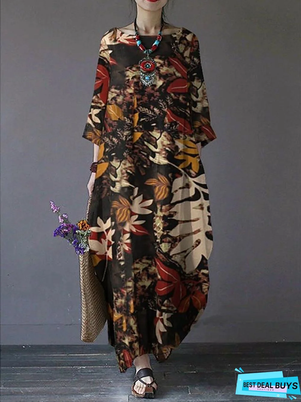 Women's Swing Dress Maxi Long Dress 3/4 Length Sleeve Print Fall Hot Vintage Chinoiserie Cotton Red Green Brown
