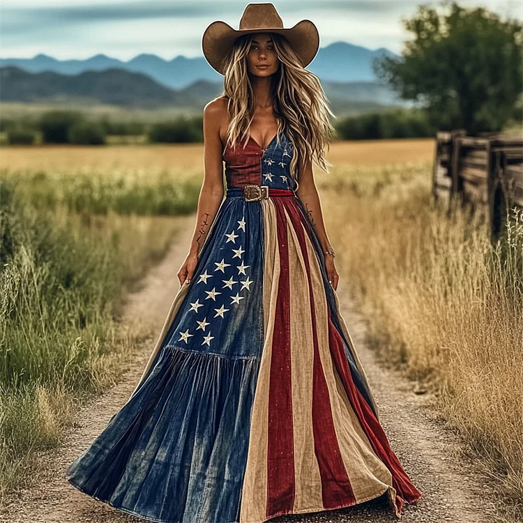 VChics American Sweetheart Distressed Flag Contrast Maxi Dress