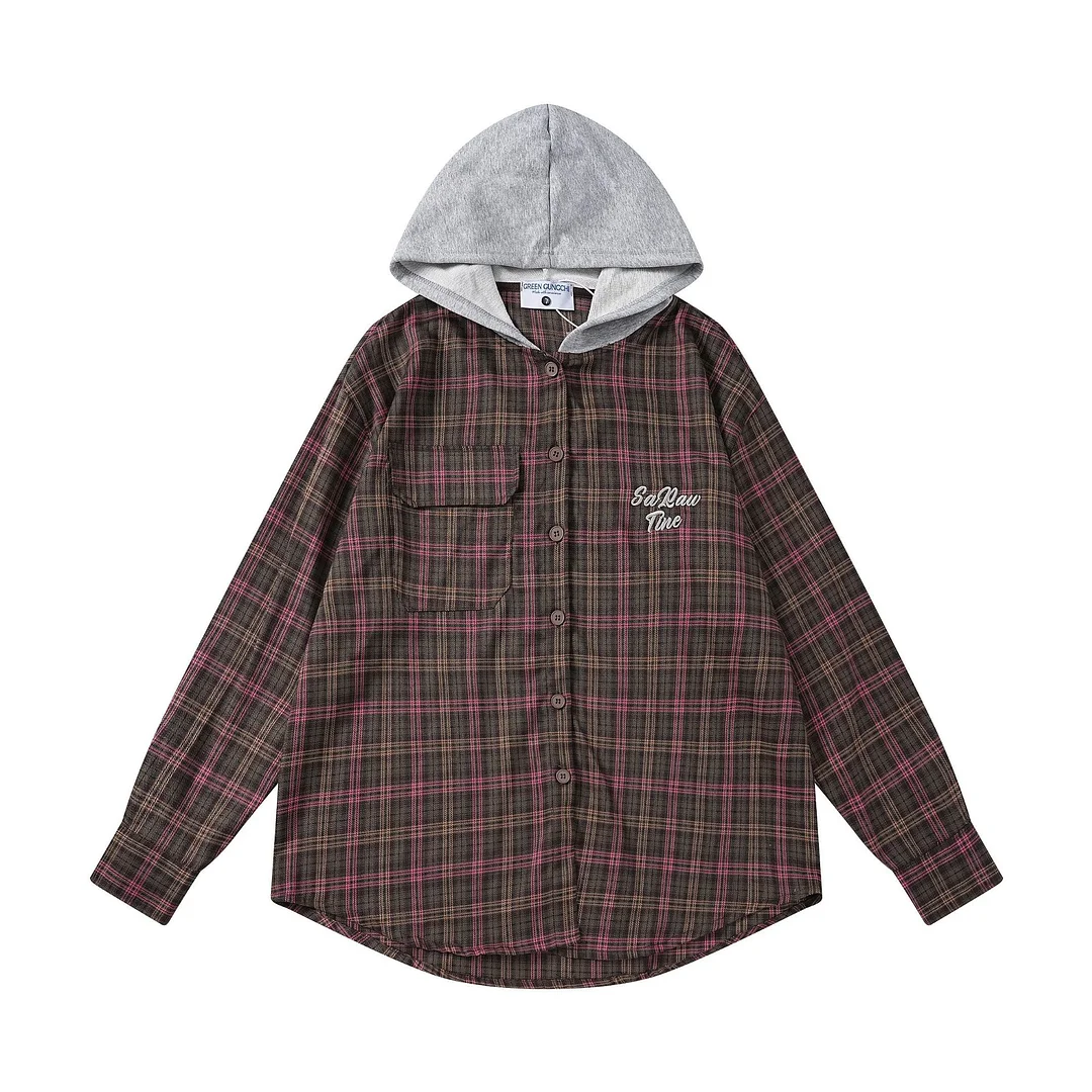 Men's Fall American Shirt Casual Street College Plaid Hoodie Shirt Jacket