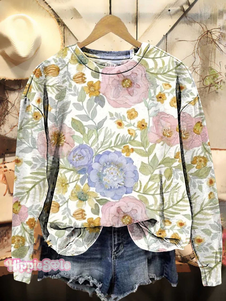 Retro Floral Ethnic Pattern Casual Sweatshirt Multicolor / S