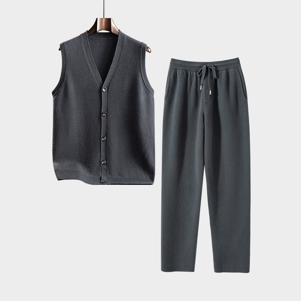 Men's Grey Cashmere Cardigan and Pants Set | Classic Casual Knitwear REAL SILK LIFE