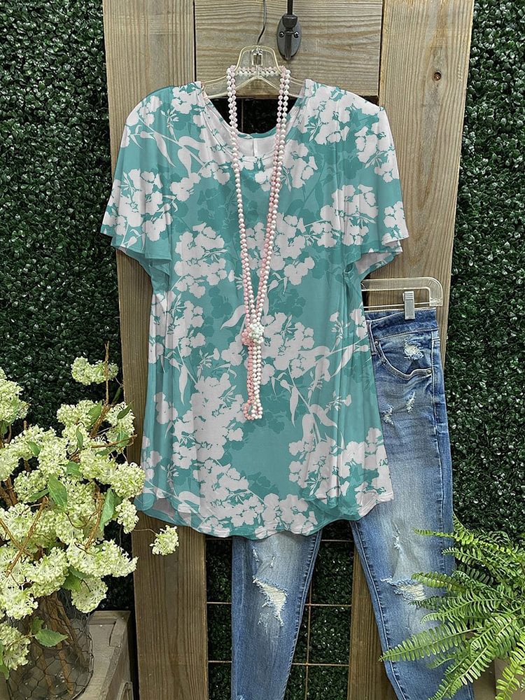 O-neck Green Flower Casual T-Shirt-Mayoulove