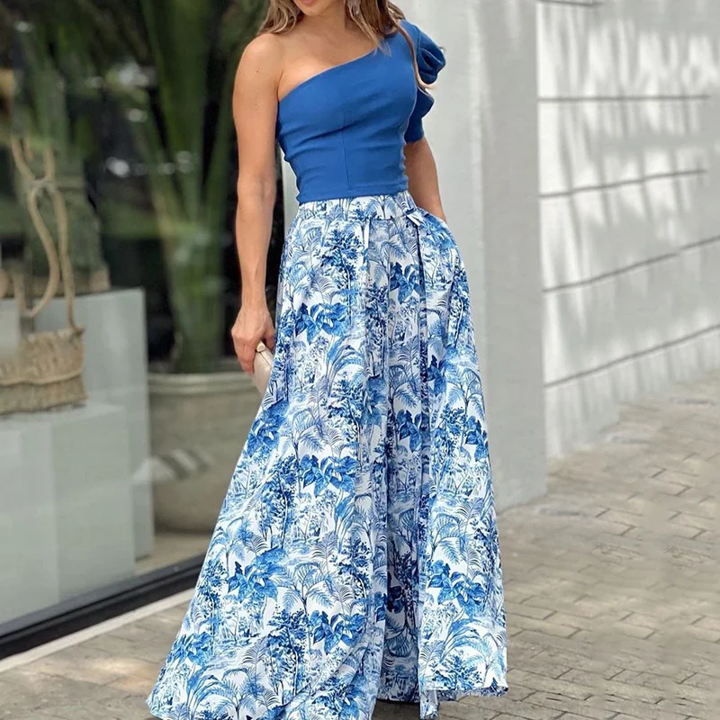 One Shoulder Sleeve Top Print Swing Skirt Two Piece Set