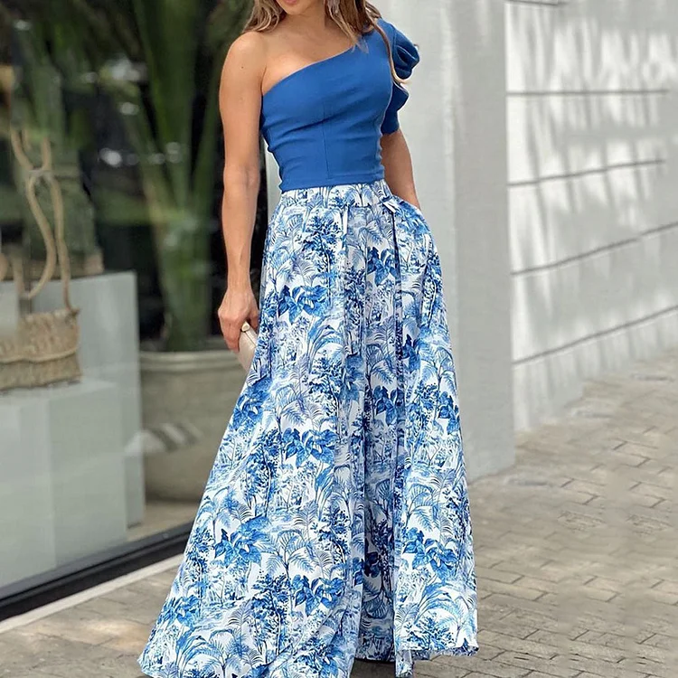 Casual Printed Crop Top and Wide Leg Pants Two Set