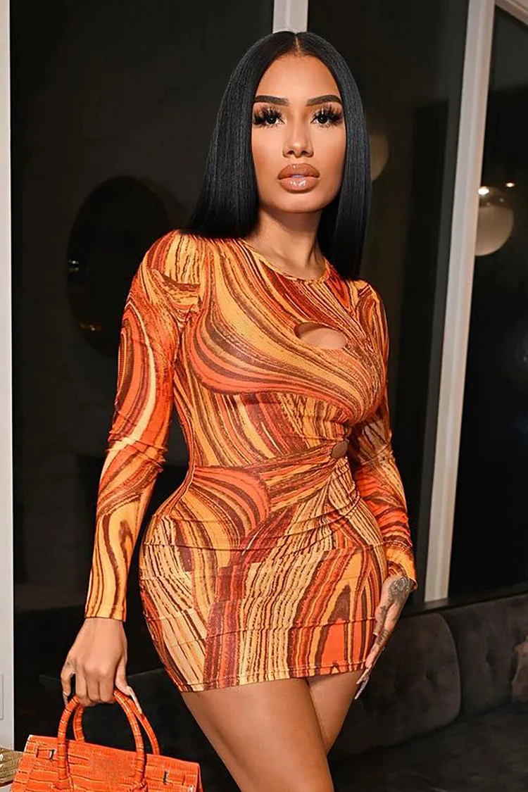 Graphic Print Round Neck Long Sleeve Cutout Bodycon Mini Dresses-Orange