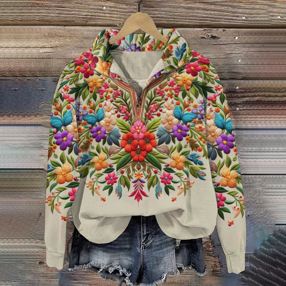 Vintage Floral Print Women's Zipper Sweatshirt artswardrobe
