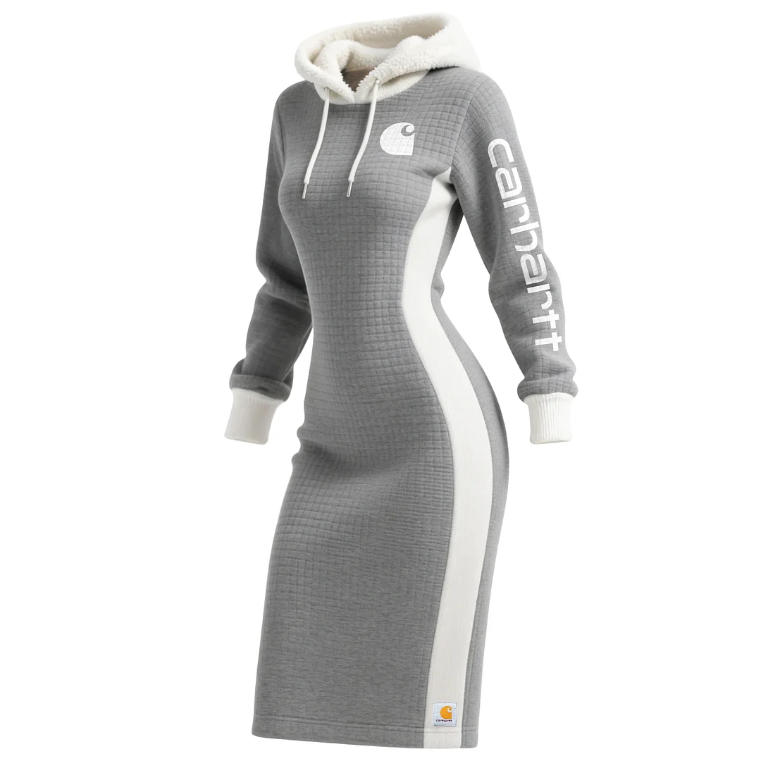 Women's Color-Blocked Waffle Textured Hooded Long Sweatshirt Dress