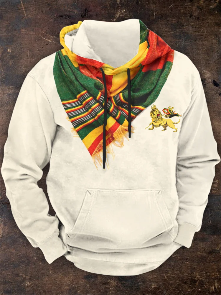 Vintage Reggae Jah Lion Ethiopian Scarf Traditional Inspired Print Graphic Hoodie