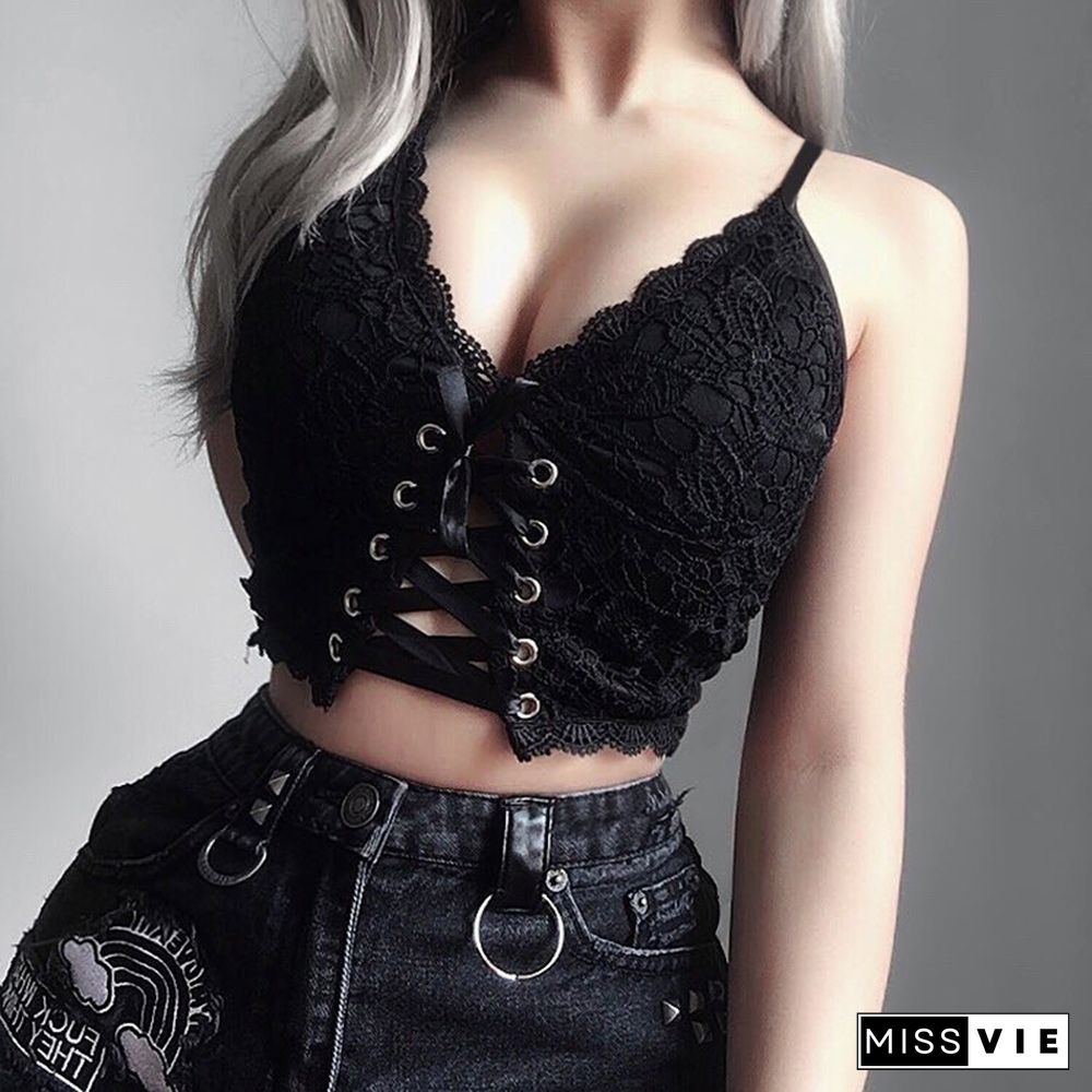Goth Cross Print Lace Bodycon Crop Tops Camis Sexy Y2K Aesthetic Black Red Basic Corset Tank Top Summer Clothes For Women Girls