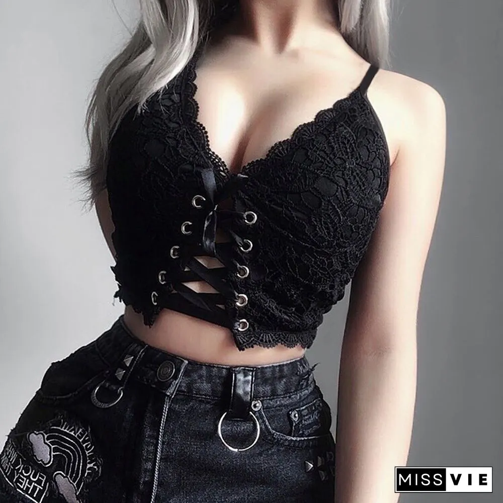 Goth Cross Print Lace Bodycon Crop Tops Camis Sexy Y2K Aesthetic Black Red Basic Corset Tank Top Summer Clothes For Women Girls