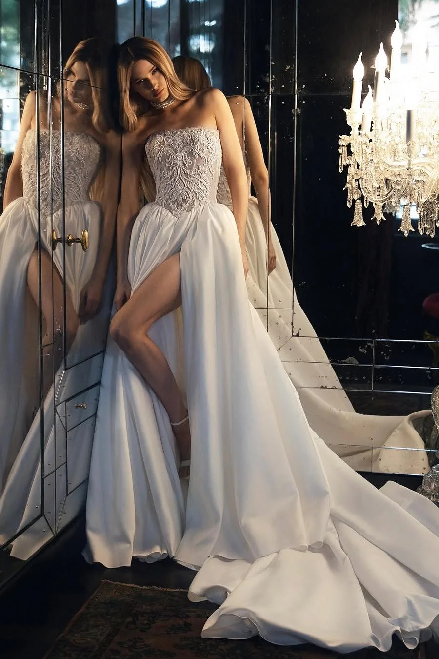 Miabel Glamorous White Satin Strapless Applique Sleeveless Long Pleated Prom Dress with Split 