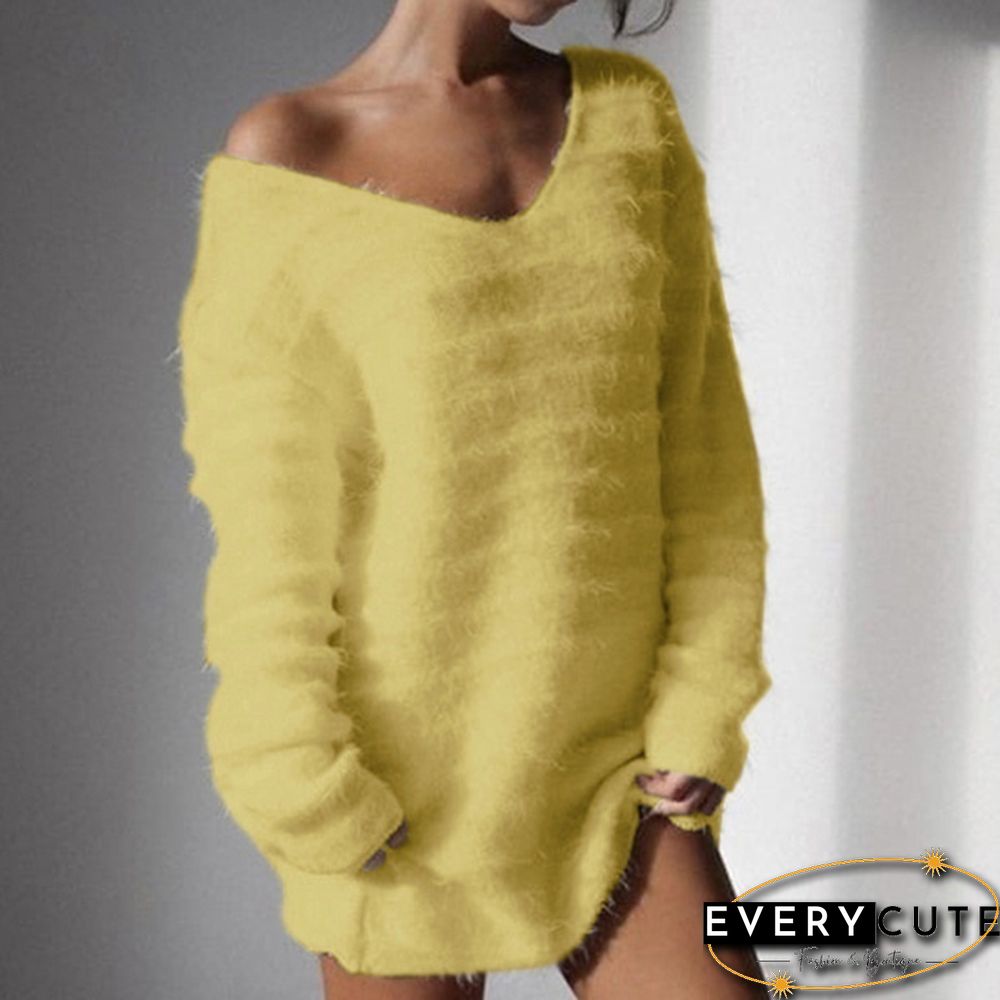 High Quality Women Plus Size S-5XL Long Sleeve V Neck Sweater Dress Casual Autumn Winter Warm Pullover Dress Casual Sweater