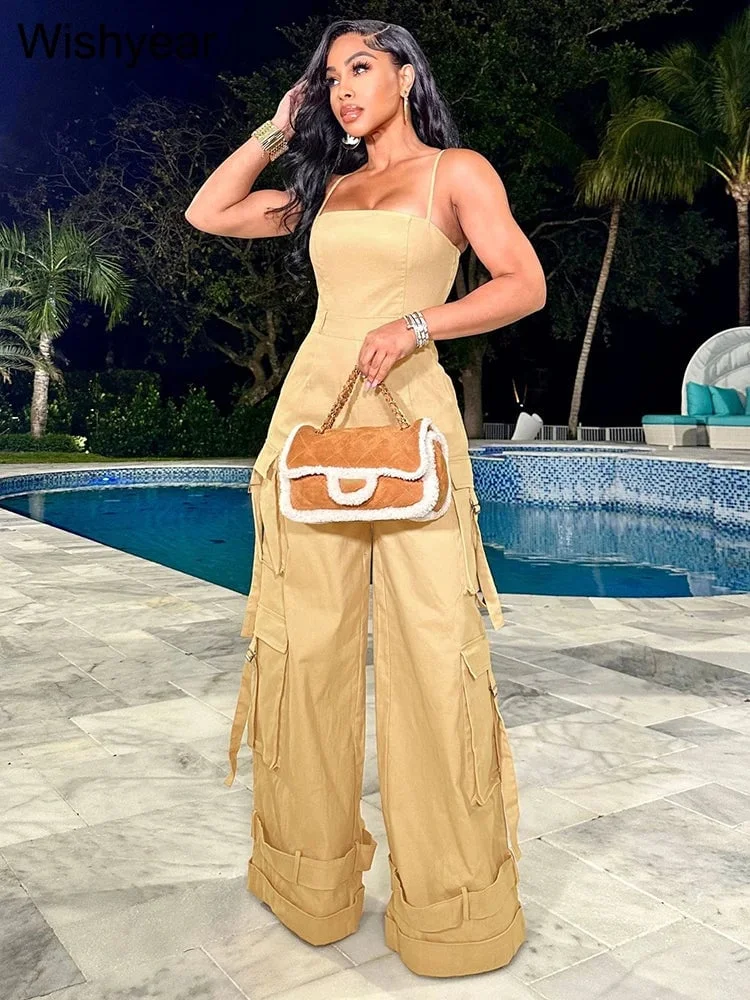 Strap Backless Multi Pocket Wide Leg Jumpsuit