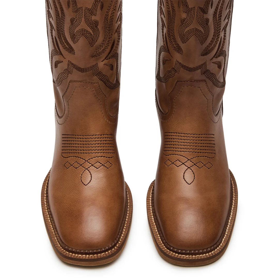 Vegan Leather Square Toe Brown Embroidered Pull-On Cowgirl Boots