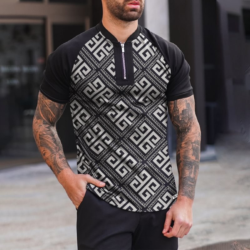 Zipper V-neck Printed Polo Shirt、、URBENIE