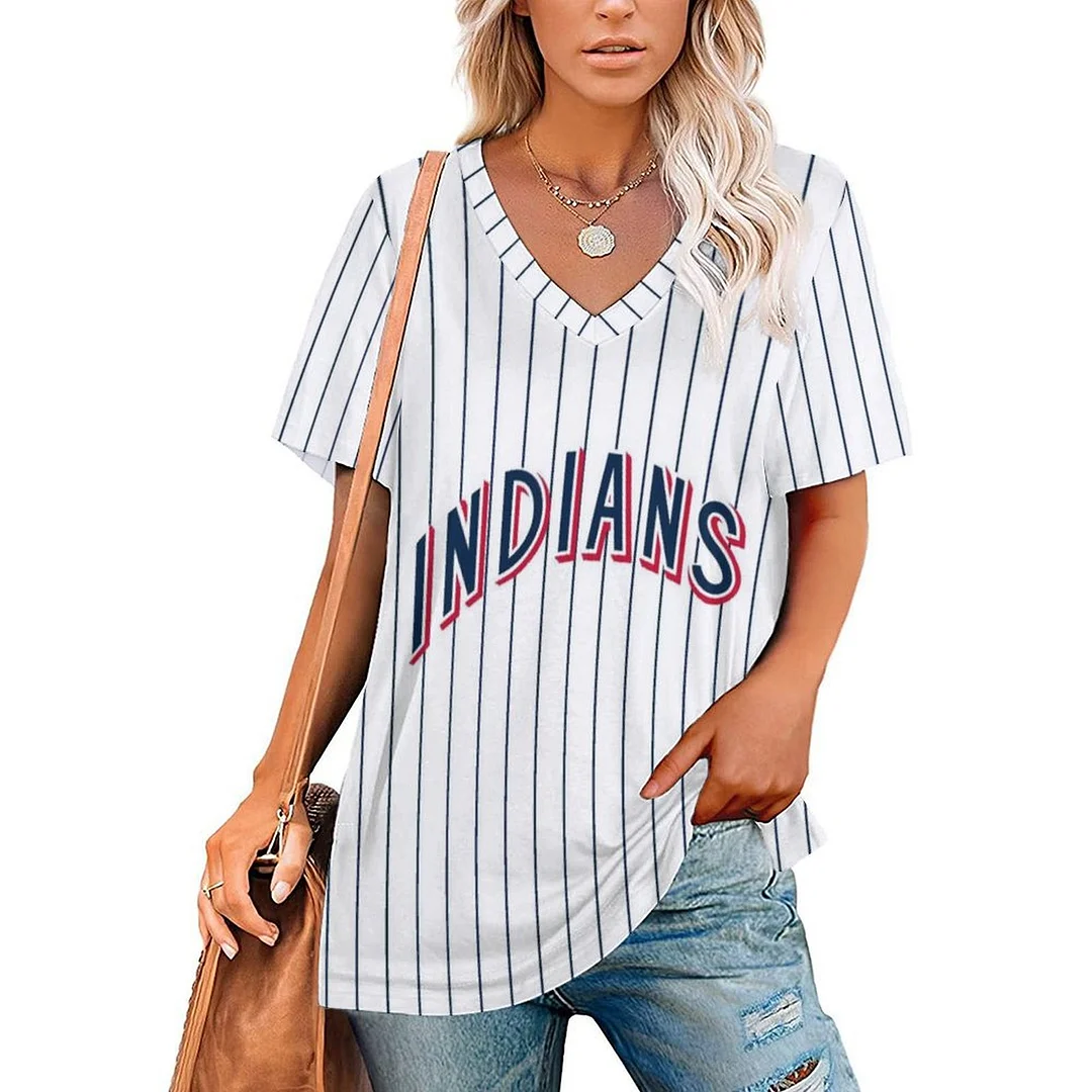 V-neck Short Sleeve Casual T-shirt for  Women Printed with Pattern,Navy,Red,White