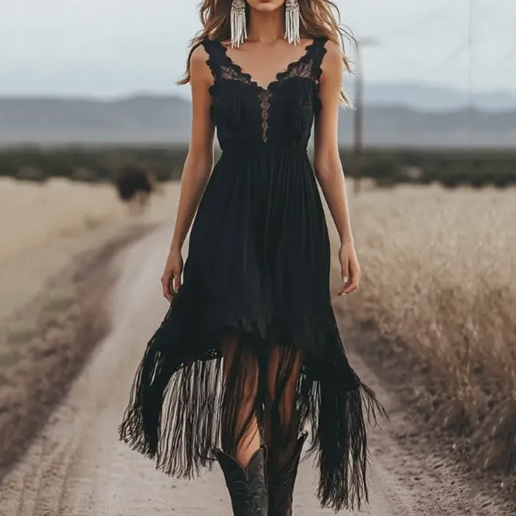 Lace V Neck Sleeveless Fringe Hem Midi Dress