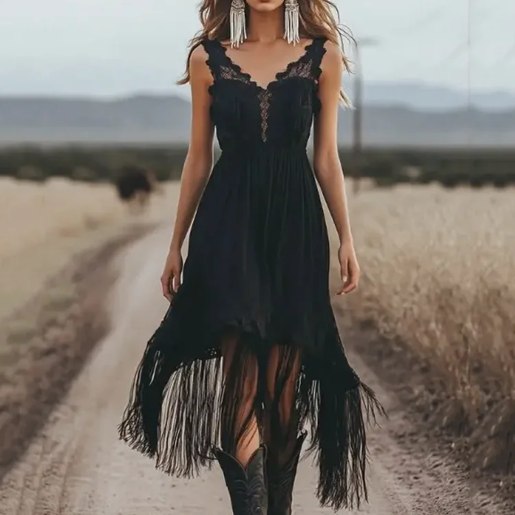 Lace V Neck Sleeveless Fringe Hem Midi Dress