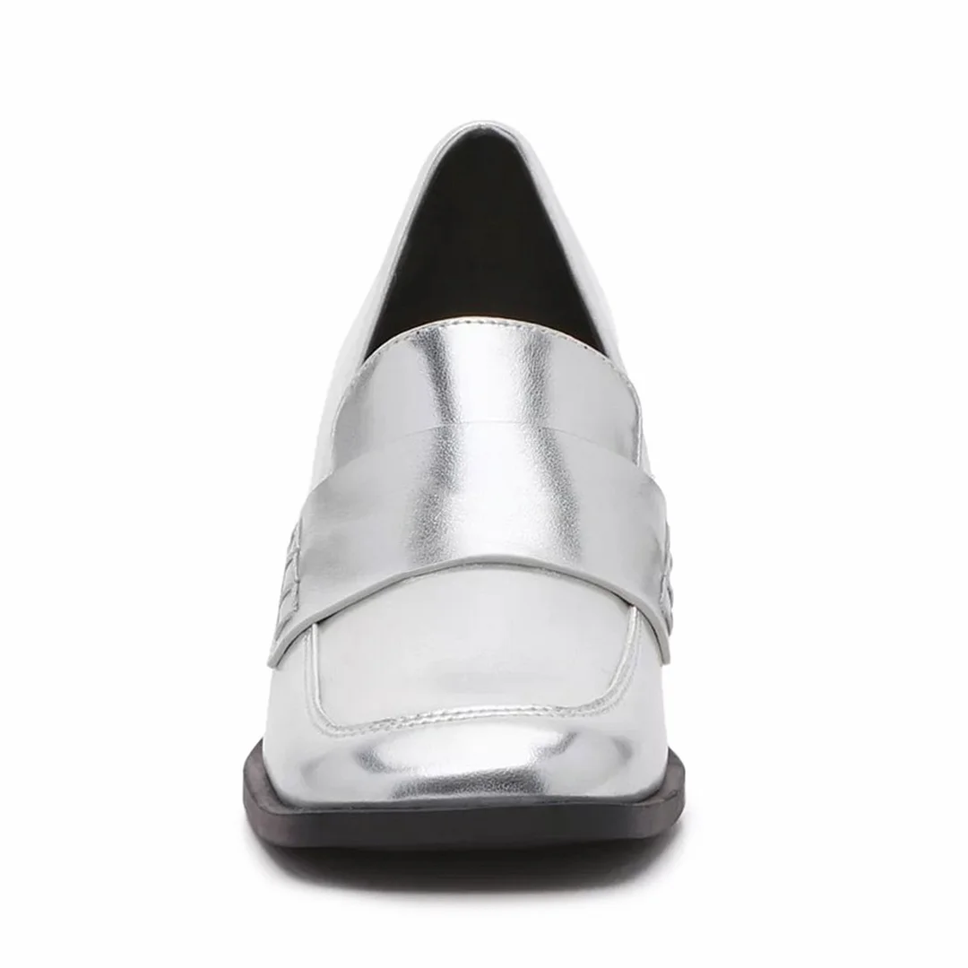Chic Metallic Finish Slip-On Square-Toe Loafer Heels in Silver