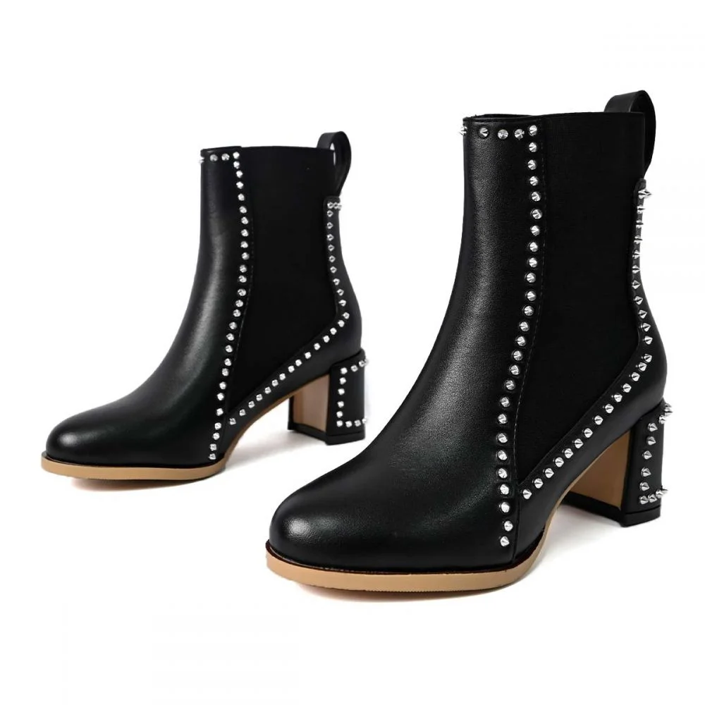 Black Chelsea Boots Heeled Boots With Rivets Chunky Heel Ankle Boots Nicepairs
