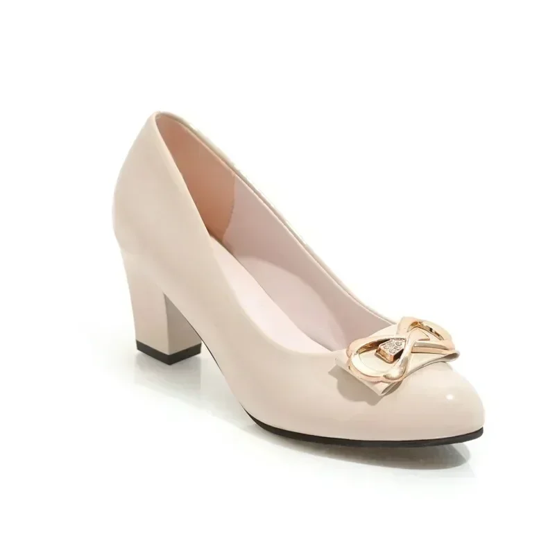 Proslotss stylish dresses for women 2025 2025 Summer New Hot Sale Women's High Heels Slip-on Dress Pumps Female Round Toe Metal Decoration Bow Chunky Heel Shoes